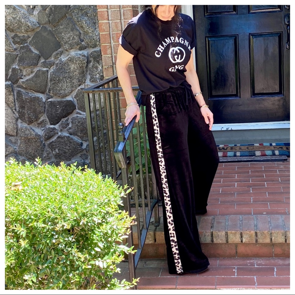 BLACK VELVET WIDE LEG PANTS W/LEOPARD SIDE TRIM - Picture 13 of 16